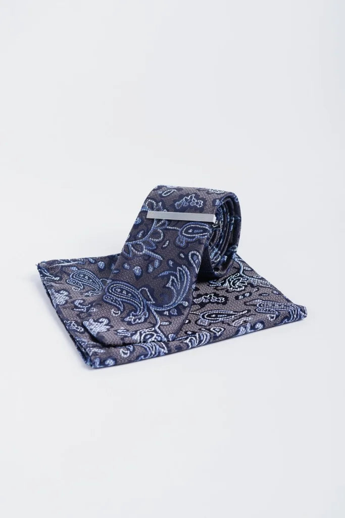 Cavani - Grau Navy Paisley Krawattenset - gentleman set