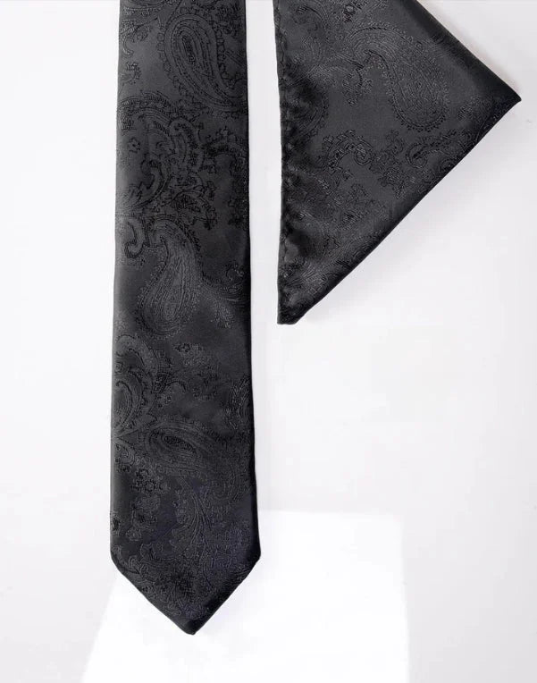 Gentlemens Set Schwarze Paisley Krawatte mit Einstecktuch