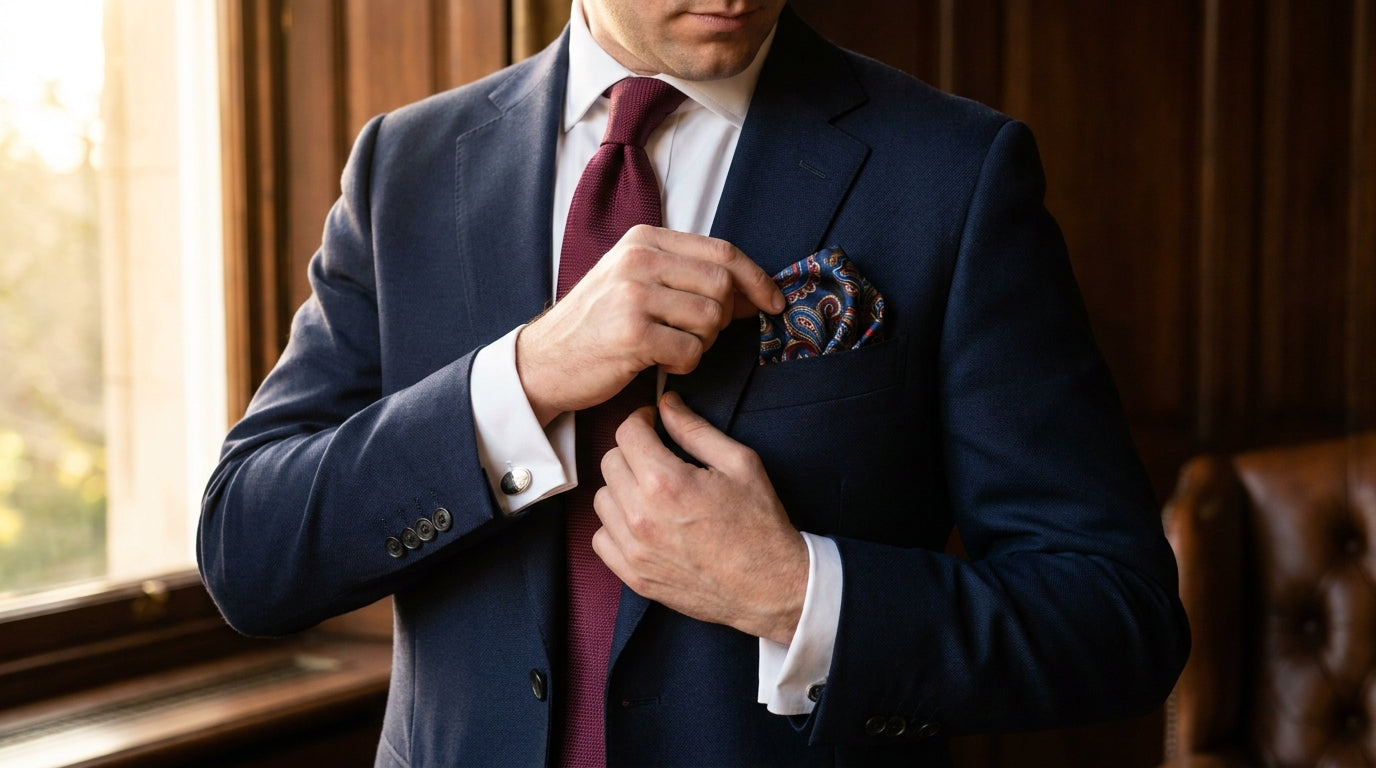 Close-up of a stylish man in a navy suit adjusting a paisley pocket square, showing a burgundy tie and silver cufflinks in an