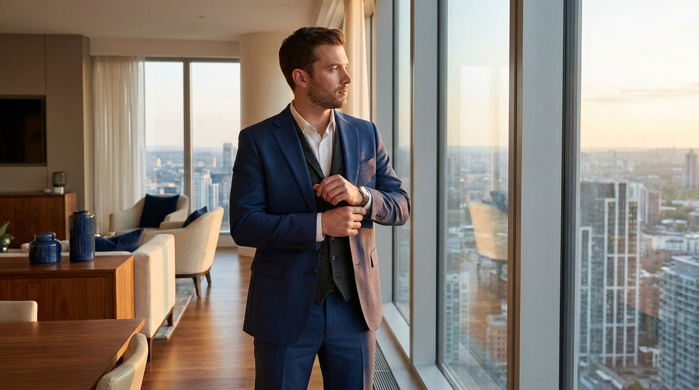 A stylish man in a modern three-piece suit with a dark gray waistcoat stands by a window overlooking a city at golden hour.