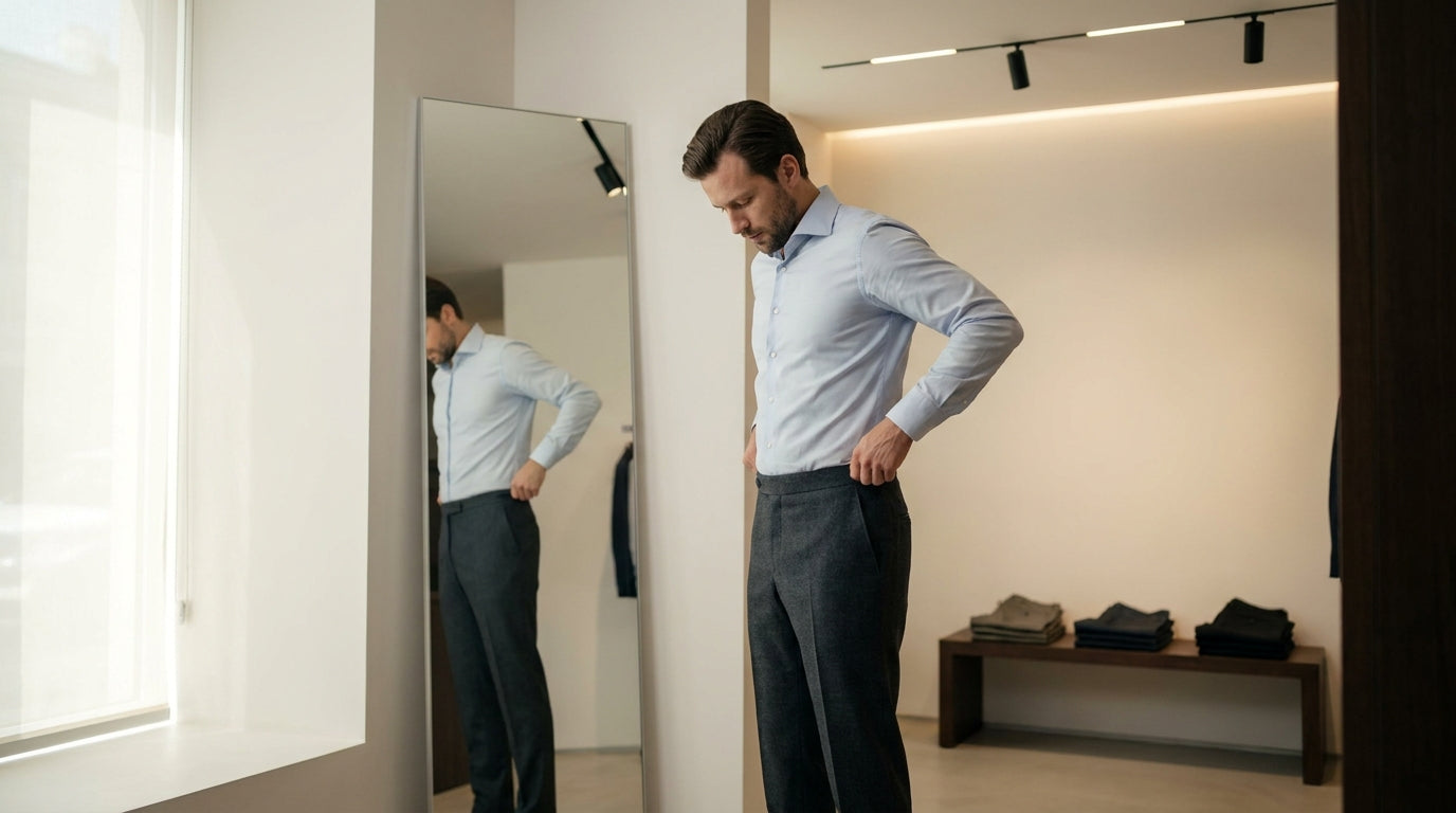 Stylish man in a modern boutique adjusting the fit of tailored dark grey trousers, reflecting confidence and quality menswear