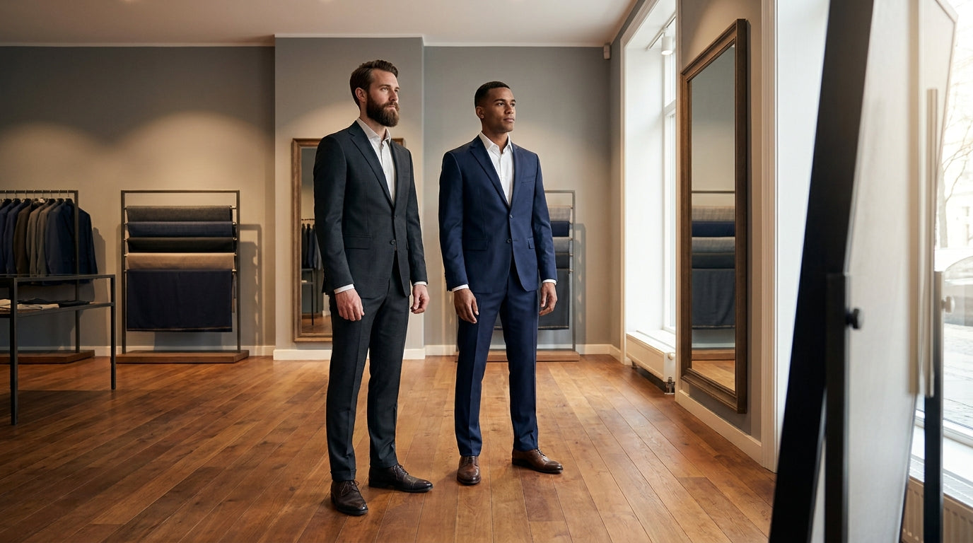 Two men stand in a high-end tailor shop, one in a slim-fit charcoal suit, the other in a regular-fit navy suit, contrasting s