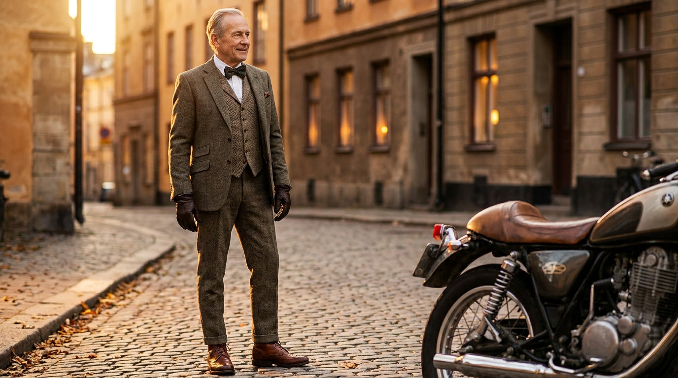 A distinguished gentleman in a vintage tweed suit and riding gloves standing on a city street at golden hour. Distinguished G