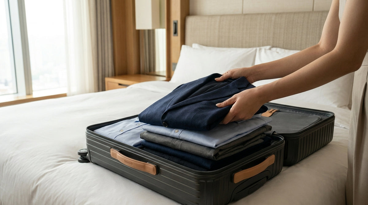 Close-up of hands carefully folding a navy suit jacket into an open grey suitcase on a hotel bed, illustrating pak inpakken r