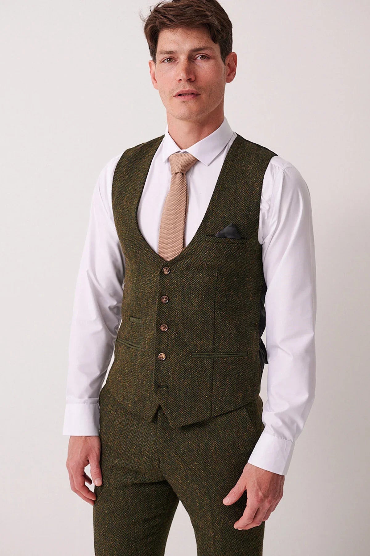 3-teiliger Herrenanzug Tweed Dean Olive – Marc Darcy