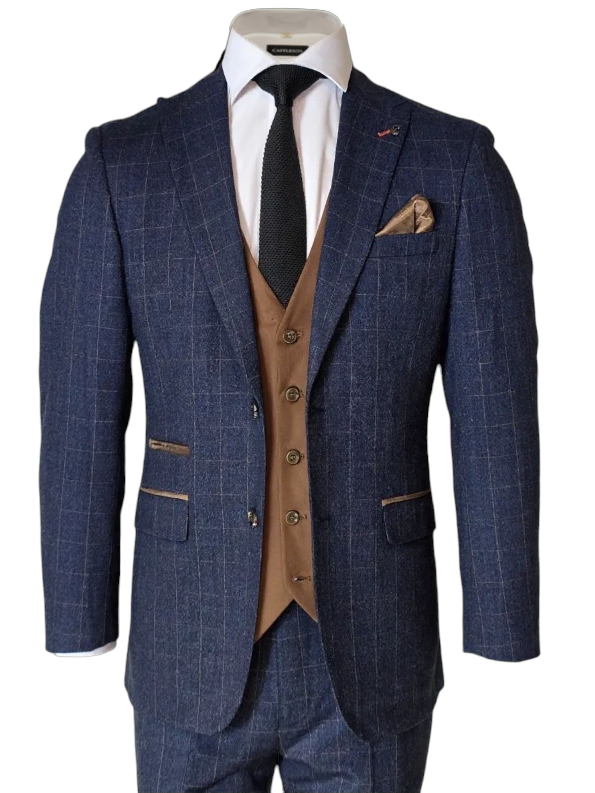 CASTLESON Admiral – Dreiteiliger Herrenanzug Karo Navy/Tan