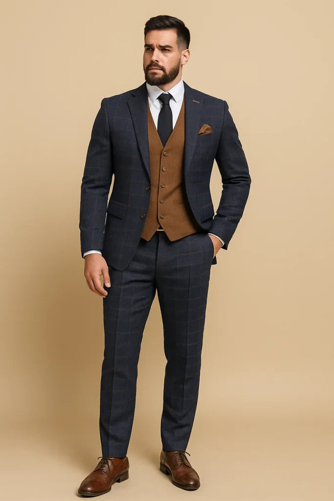 CASTLESON Admiral – Dreiteiliger Herrenanzug Karo Navy/Tan