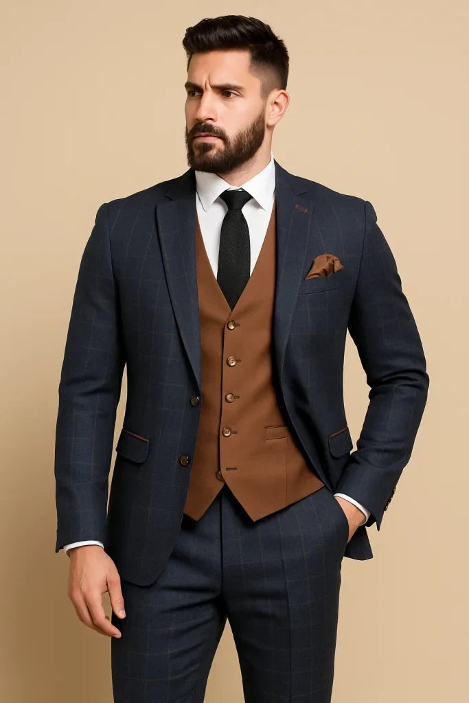 CASTLESON Admiral – Dreiteiliger Herrenanzug Karo Navy/Tan
