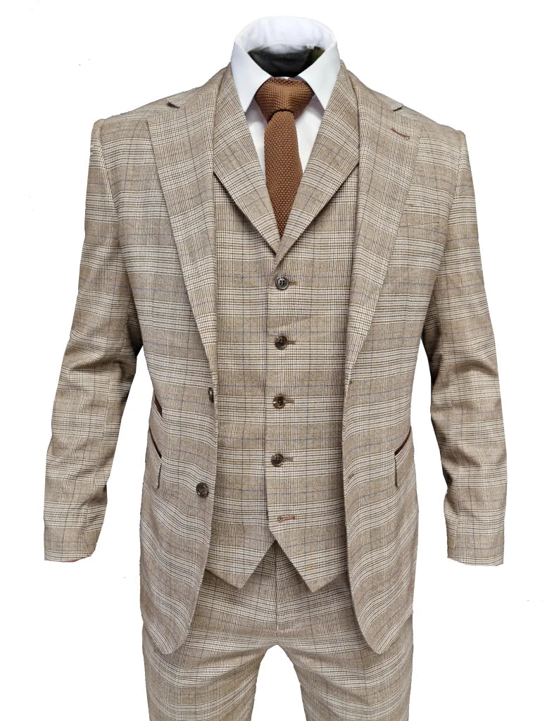 TAVERNY Captain - Herrenanzug kariertes Beige - driedelig