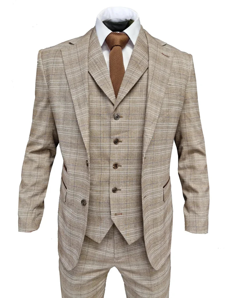 TAVERNY Captain - Herrenanzug kariertes Beige - driedelig