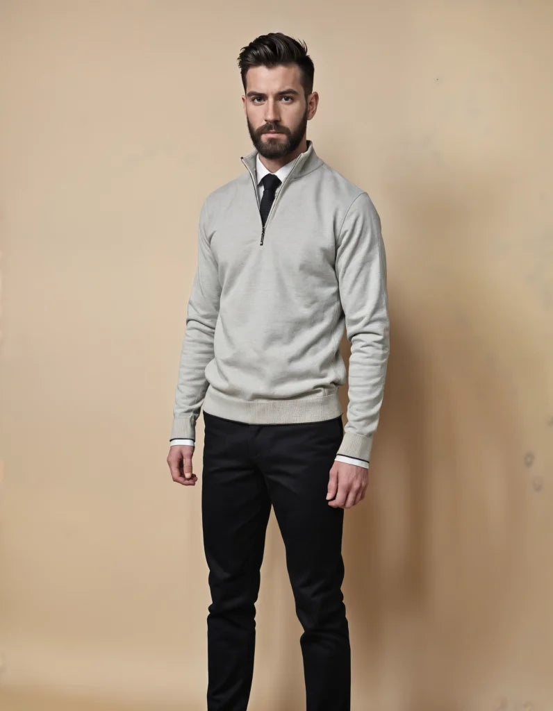 Casual Elegance: Grey Half-Zip Sweater & Black Chinos