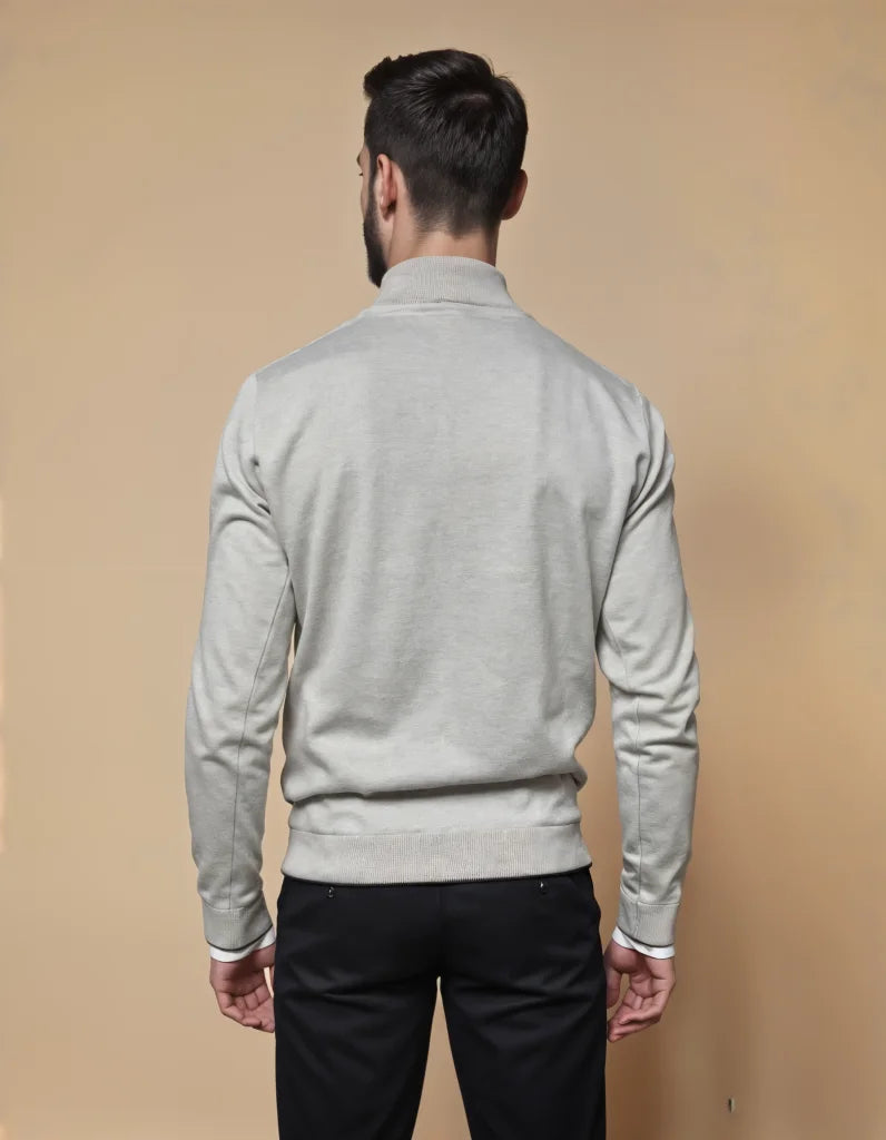 Casual Elegance: Grey Half-Zip Sweater & Black Chinos