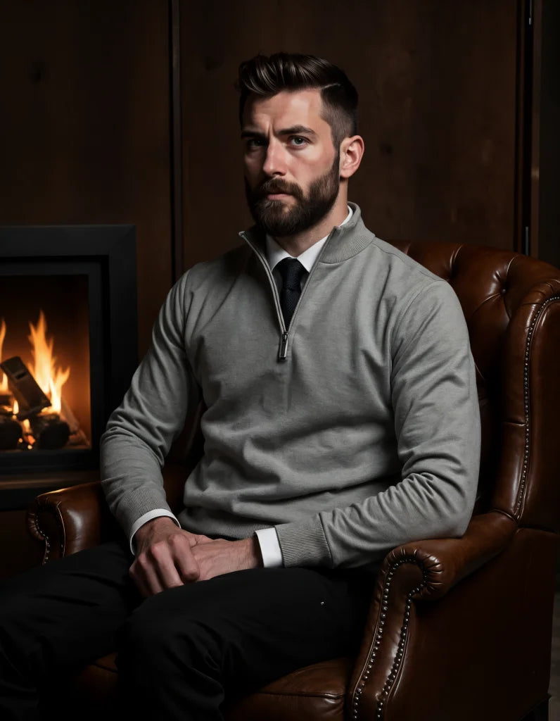 Casual Elegance: Grey Half-Zip Sweater & Black Chinos