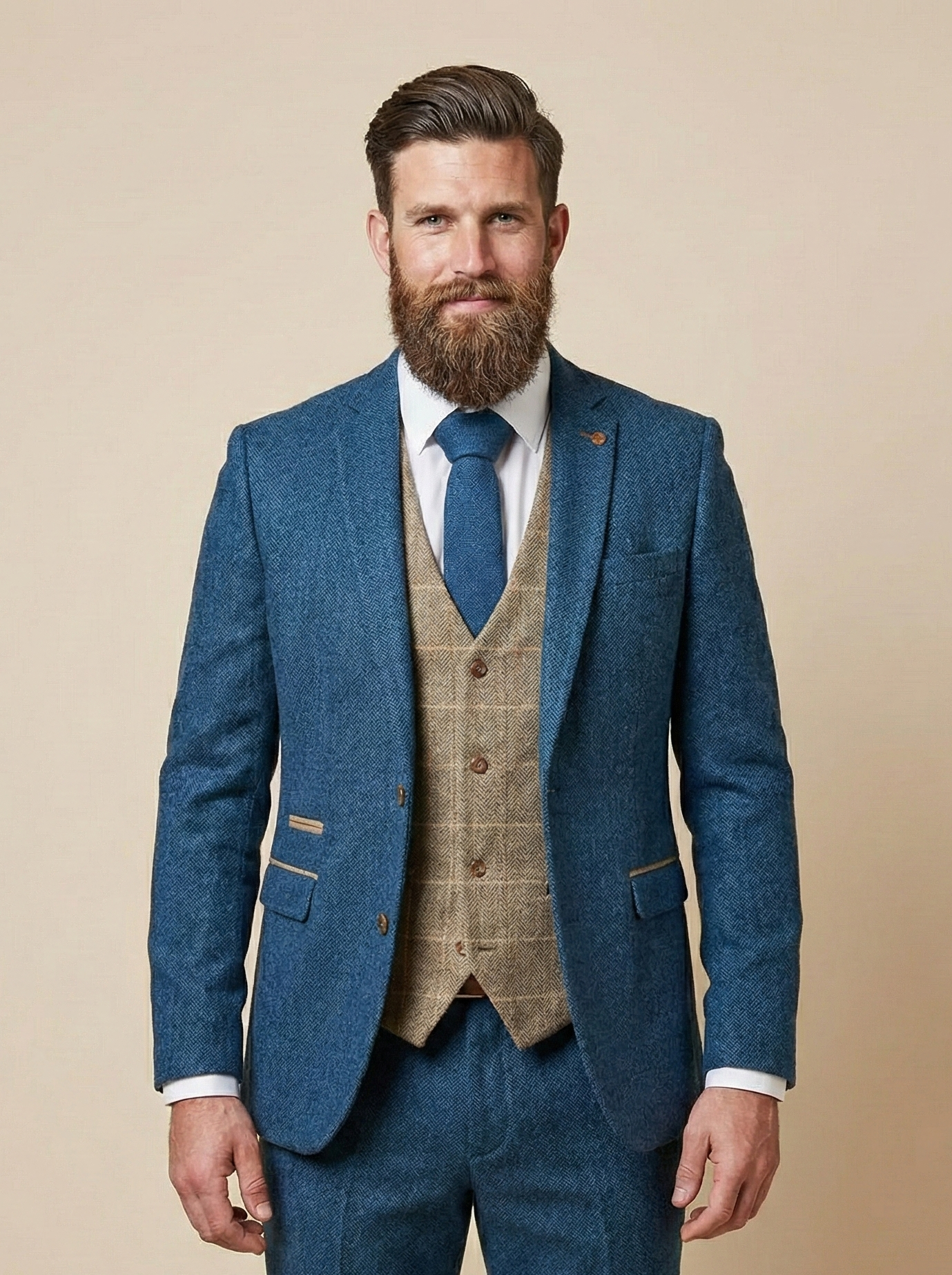 Dreiteiliger Anzug Blau/Braun Fischgrätmuster - driedelig