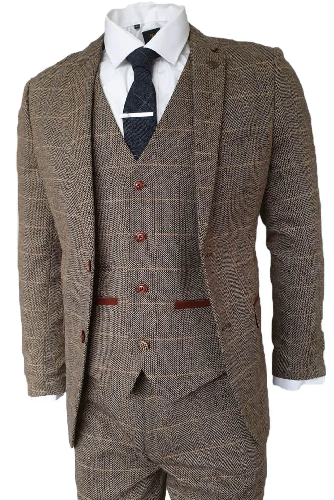 Dreiteiliger Anzug Peaky Blinders Outfit Herringbone Brown