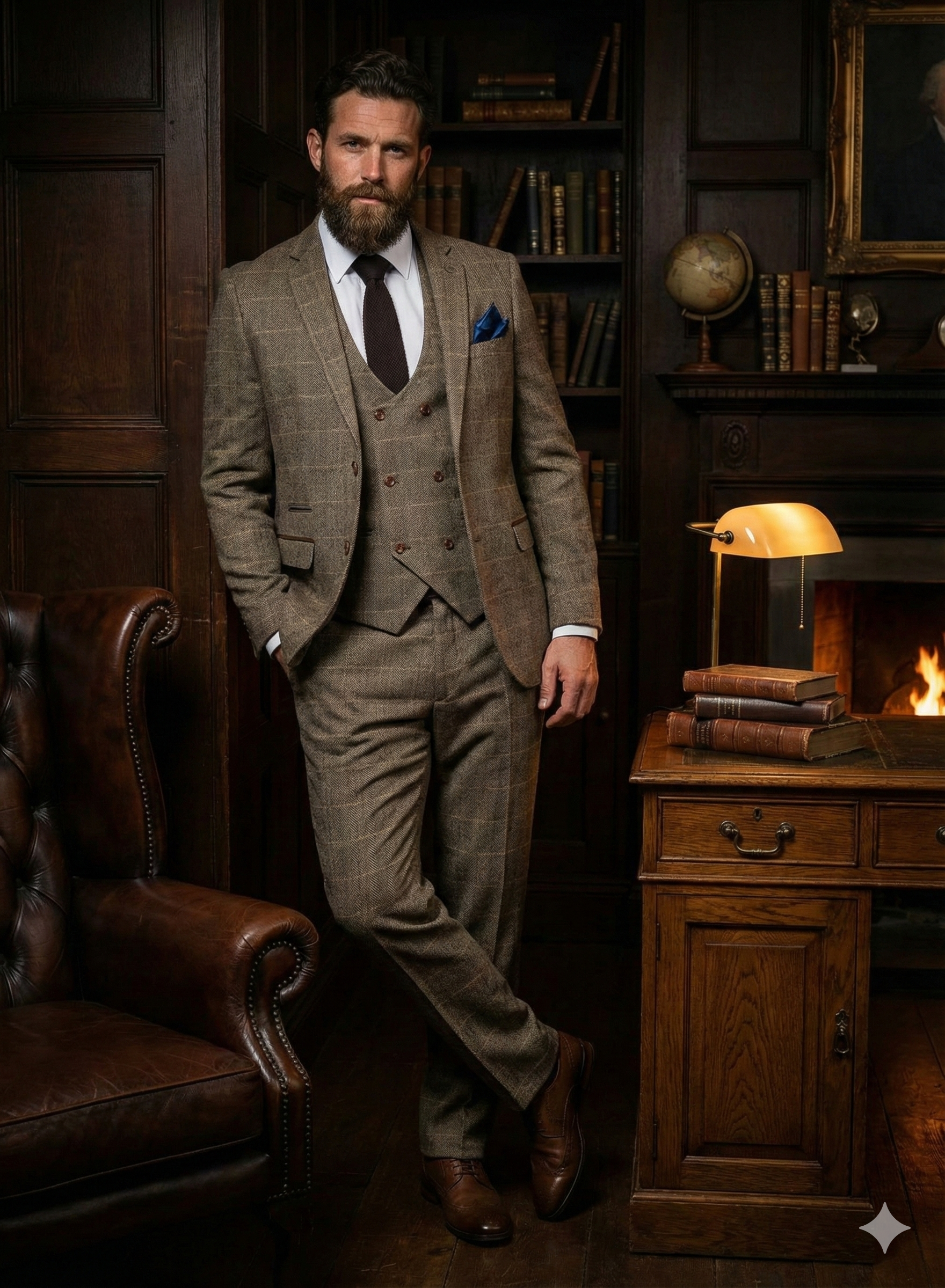 Dreiteiliger Anzug zweireihig Fischgrätmuster Braun Classic