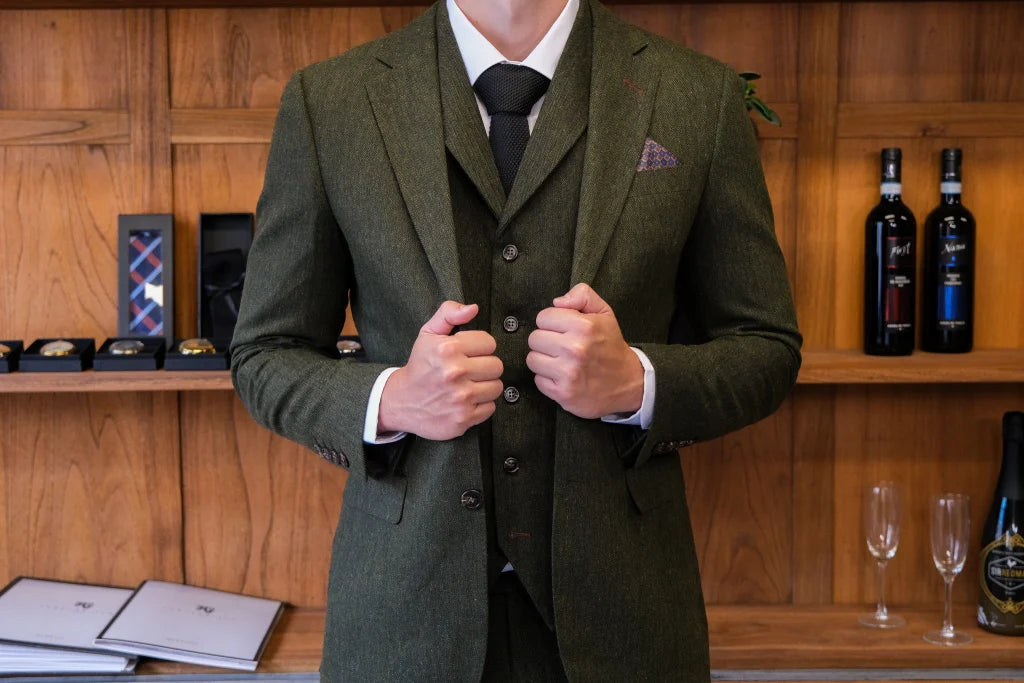 TAVERNY Chief - Herrenanzug Olive Tweed - driedelig pak